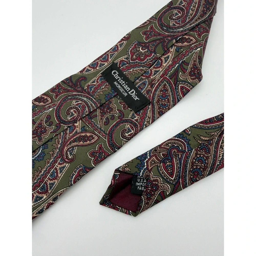 Christian Dior Monsieur Silk Tie Olive Green Burgundy Blue Paisley Made in USA